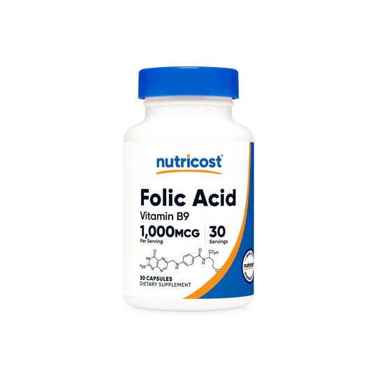 Ácido fólico 1,000 mcg Vitamina B9 Nutricost