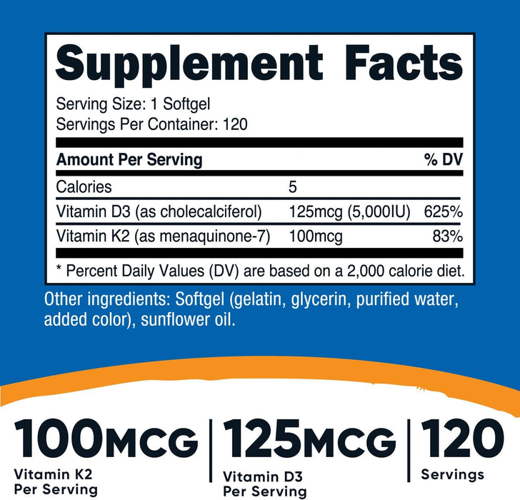 Vitamina K2 con D3 de Nutricost – Dosis alta | 100mcg/125mcg