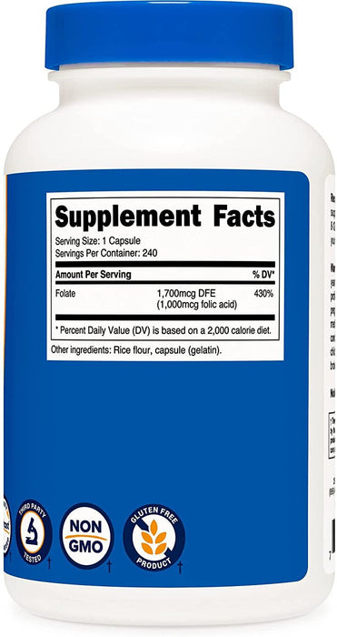 Ácido fólico 1,000 mcg Vitamina B9 Nutricost
