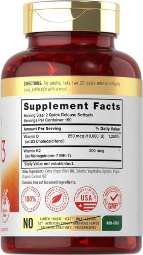 Vitamina K2 Con D3 10,000 Ui Complejo Potente Carlyle