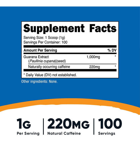 Polvo De Guarana 220 mg De Cafeina Natural 100 servicios