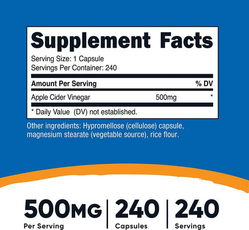 Vinagre De Manzana En Cápsulas 500 mg Nutricost
