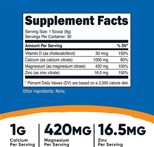 Calcio, Magnesio, Zinc Y Vitamina D3 en Polvo Nutricost