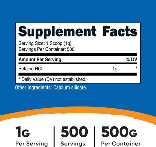 Betaina HCI En Polvo 500 gramos Nutricost