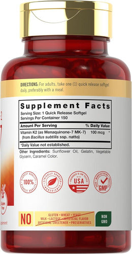 Vitamina K2 Mk7 de 100 mcg Pastillas suaves Carlyle