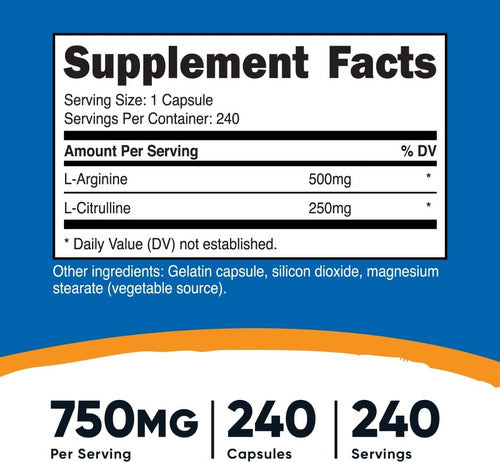 L Arginina 500 Mg + L Citrulina 250 Mg Nutricost