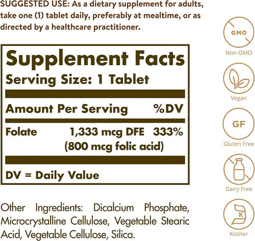 Folato 1333mcg Acido Folico 800mcg Folate 250 Tabletas