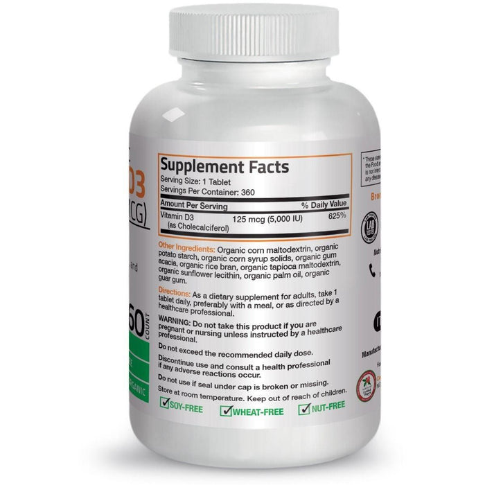 Vitamina D3 5,000 UI 125 mcg Certified Organic Bronson