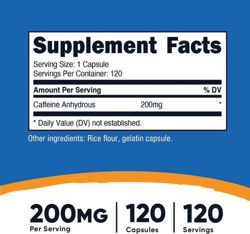 Cafeina 200 Mg Suplemento para 4 meses Nutricost