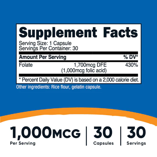Ácido fólico 1,000 mcg Vitamina B9 Nutricost