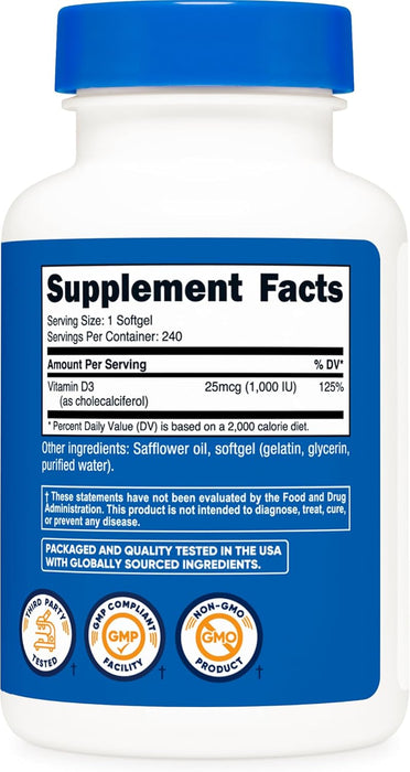 Vitamina D3 1000 IU – Nutricost | Salud Ósea, Inmunidad y Energía