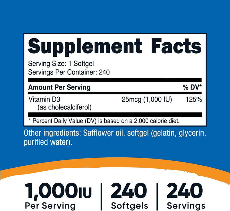 Vitamina D3 1000 IU – Nutricost | Salud Ósea, Inmunidad y Energía