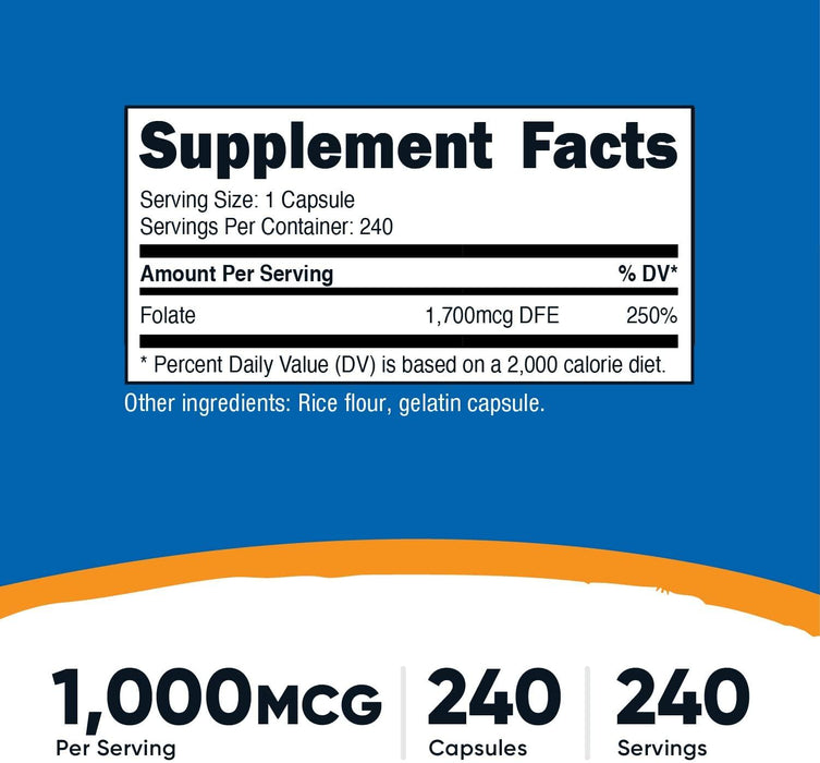 Ácido fólico 1,000 mcg Vitamina B9 Nutricost