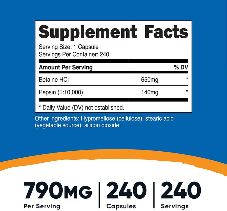 Betaína HCI Pepsina 790 mg Nutricost